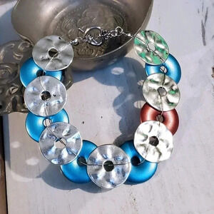 Mid Century Modern Style Handcrafted Silver Blue Cinnamon Disc Beads Bracelet